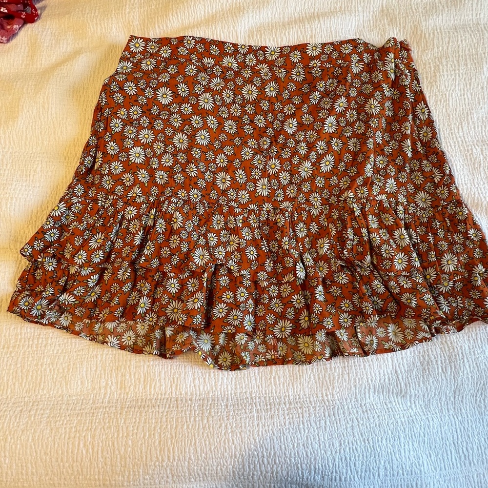 Forever 21 Dark Orange and White Floral Mini Skater Skirt with Ruffles